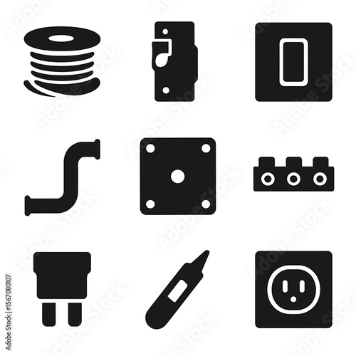 Electrical Icons Grid. Solid, filled icon set of electrical construction supplies: wire spool, circuit breaker, light switch,
