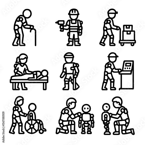Exoskeleton User Icons. Solid, filled icon set of Exoskeleton users and beneficiaries: elderly person, construction worker,
