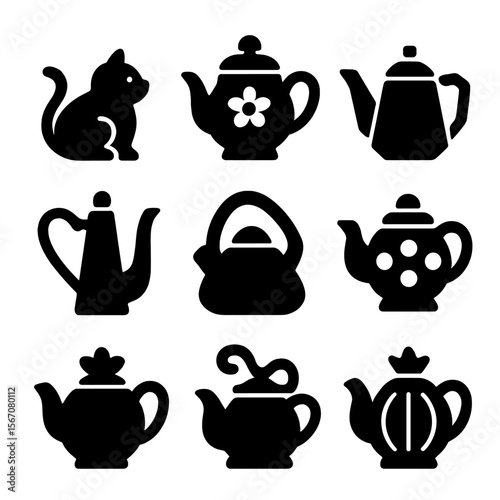 Whimsical Teapot Icons. Solid, filled icon set of whimsical and novelty teapots: animal-shaped pot, floral design, geometric pot,