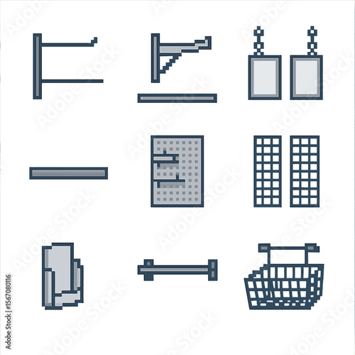 Retail Display Icons. Pixel art icon set of retail vertical display: slatwall hooks, shelf brackets, hanging sign frames, display