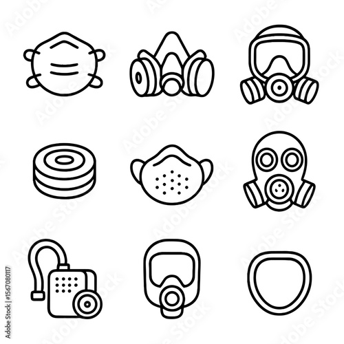 Respiratory Protection Icons. Outline icon set of respiratory protection: N95 mask, half-face respirator, full-face respirator,