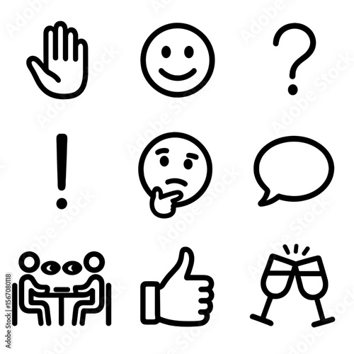Expressive Communication Icons. Solid, filled icon set of Expressive communication during dinner: hand gesture, smiley face,