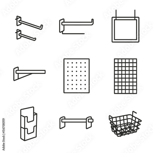 Retail Display Icons. Outline icon set of retail vertical display: slatwall hooks, shelf brackets, hanging sign frames, display