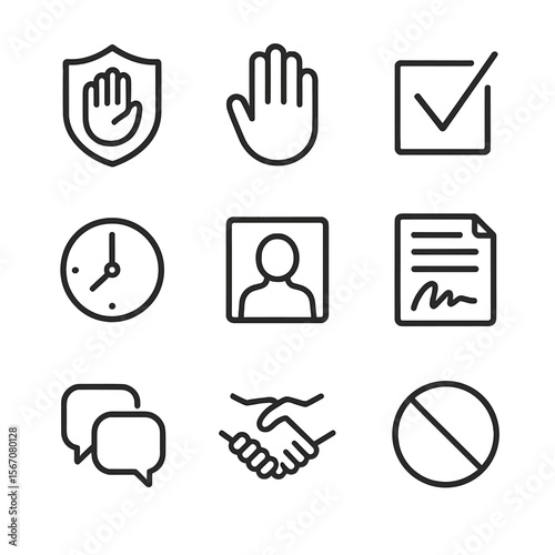 Boundary Icons Set. Outline icon set of boundary setting and mutual respect: personal boundary shield, stop hand gesture, consent