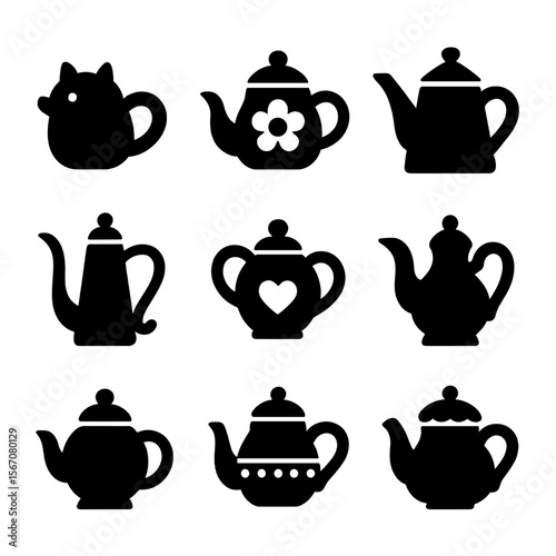 Whimsical Teapot Icons. Solid, filled icon set of whimsical and novelty teapots: animal-shaped pot, floral design, geometric pot,