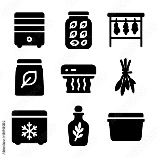 Wild Food Preservation Icons. Solid, filled icon set of wild food preservation: dehydrator, mason jar, drying rack, labeled bag,