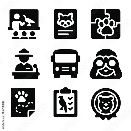 Wildlife Education Icons. Solid, filled icon set of wildlife education programs: classroom board, animal card, paw print puzzle,