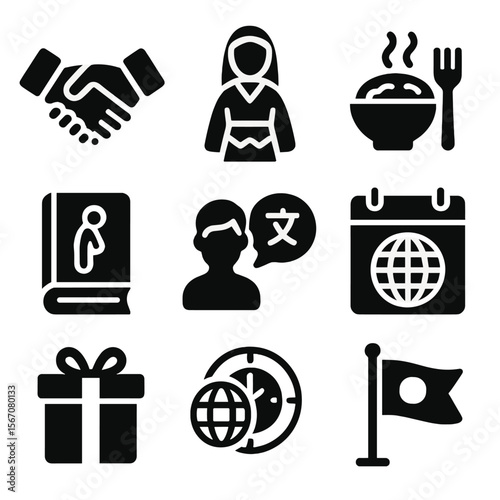 Cultural Business Icons Grid. Solid, filled icons set of cultural business adaptation: handshake, traditional