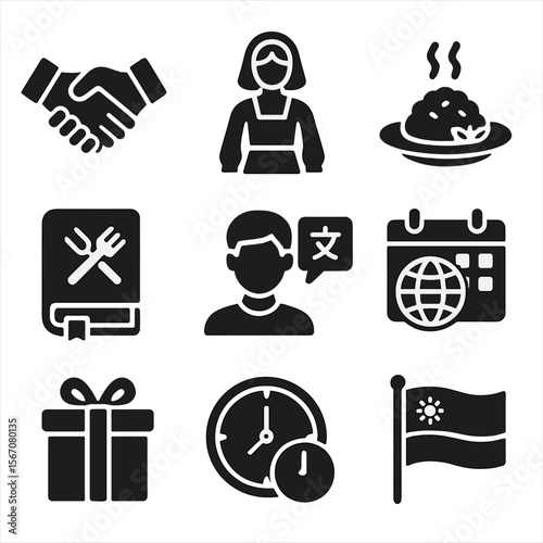Cultural Business Icons Grid. Solid, filled icons set of cultural business adaptation: handshake, traditional