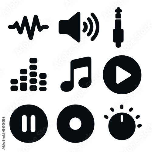 Electronic Music Symbols. Solid, filled icon set of electronic music symbols: waveform, speaker, headphone jack, sound bars, music