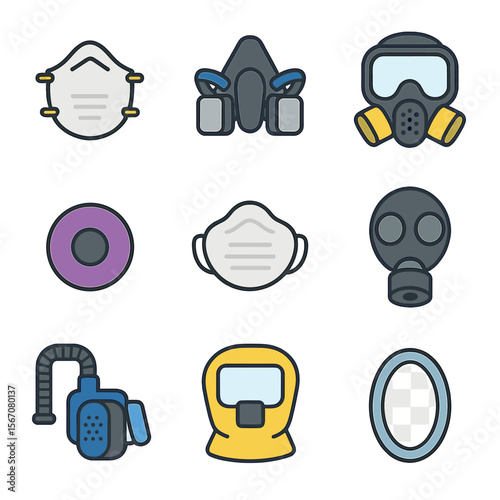 Respiratory Protection Icons. Flat icon set of respiratory protection: N95 mask, half-face respirator, full-face respirator, P100