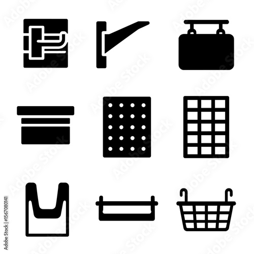 Retail Display Icons. Solid, Filled icon set of retail vertical display: slatwall hooks, shelf brackets, hanging sign frames,