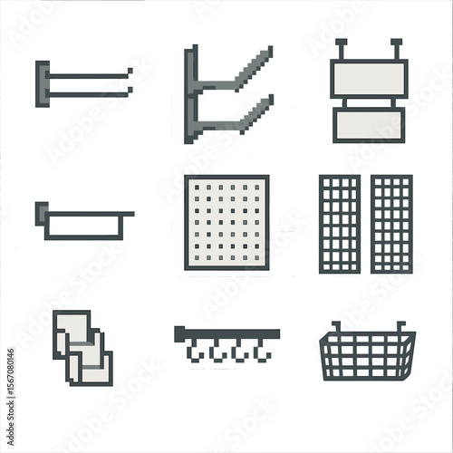 Retail Display Icons. Pixel art icon set of retail vertical display: slatwall hooks, shelf brackets, hanging sign frames, display