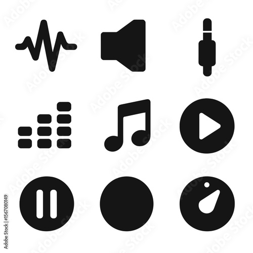 Electronic Music Symbols. Solid, filled icon set of electronic music symbols: waveform, speaker, headphone jack, sound bars, music