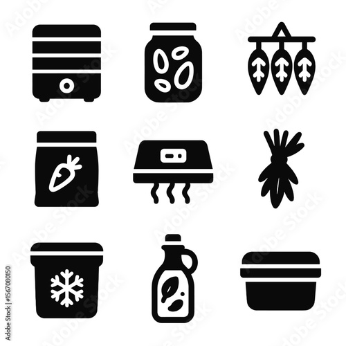 Wild Food Preservation Icons. Solid, filled icon set of wild food preservation: dehydrator, mason jar, drying rack, labeled bag,