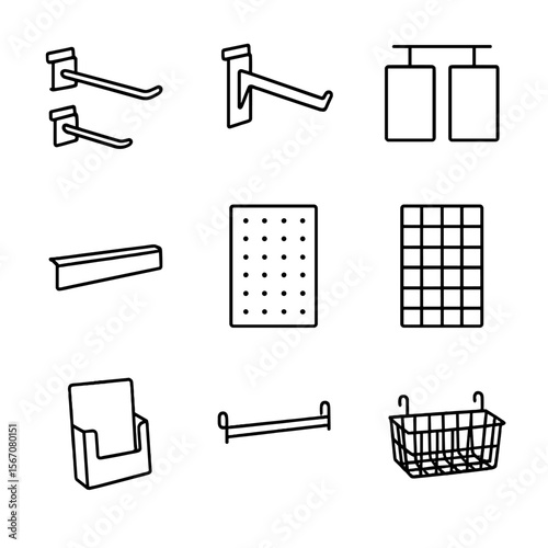 Retail Display Icons. Outline icon set of retail vertical display: slatwall hooks, shelf brackets, hanging sign frames, display
