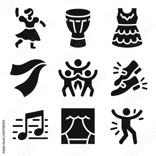 Cultural Dance Icons. Solid, filled icons set of cultural dance performances: folk dancer, traditional drum,