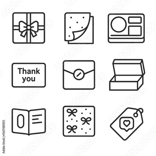 Branding Icons Grid. Outline icon set of branding and unboxing experience: ribbon-tied box, tissue paper layer, custom insert tray
