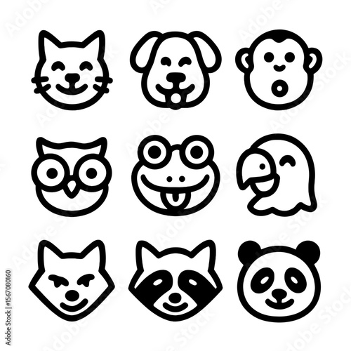 Funny Animal Faces. Solid, filled icon set of funny faces animals: smiling cat, winking dog, laughing monkey, surprised owl, goofy