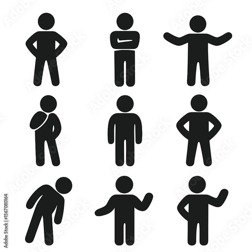 Expressive Pose Icons. Solid, filled icon set of expressive figure posture: confident stance, shy pose, arms crossed, arms open,