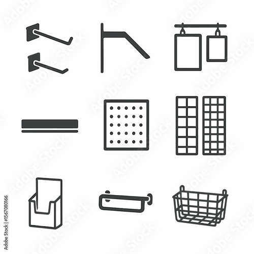 Retail Display Icons. Flat icon set of retail vertical display: slatwall hooks, shelf brackets, hanging sign frames, display rails