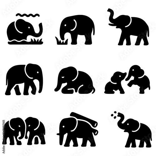 Elephant Behavior Icons. Solid, filled icon set of elephant behaviors: bathing, grazing, trumpeting, walking, resting, playing,