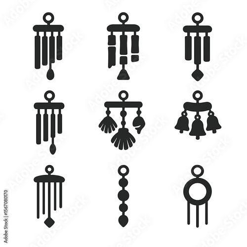 Wind Chime Icons. Solid, filled icon set of wind chime designs: metal tubes, bamboo chimes, glass tubes, wooden rods, seashells,