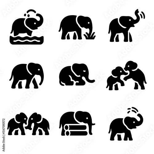 Elephant Behavior Icons. Solid, filled icon set of elephant behaviors: bathing, grazing, trumpeting, walking, resting, playing,