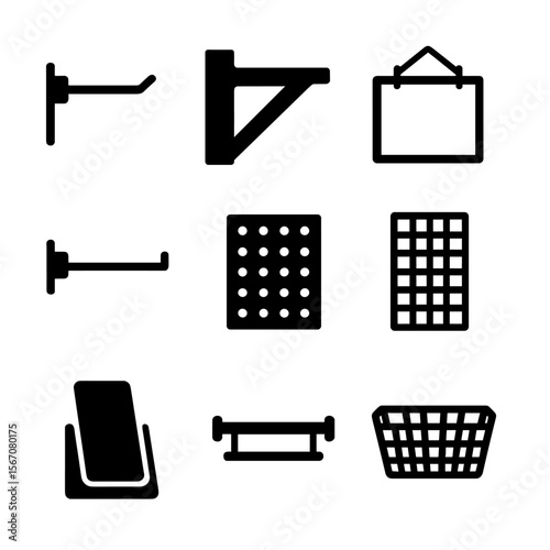 Retail Display Icons. Solid, Filled icon set of retail vertical display: slatwall hooks, shelf brackets, hanging sign frames,