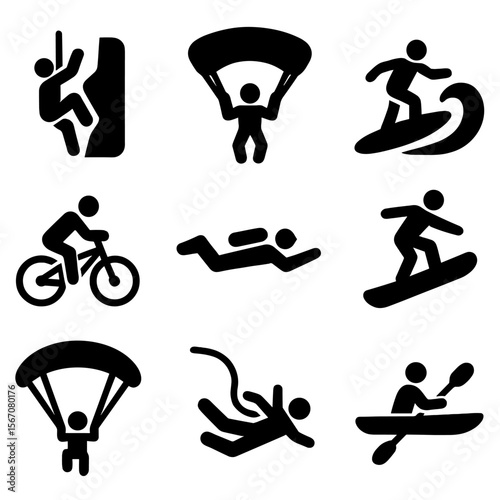 Extreme Sports Icons. Solid, filled icon set of extreme sports: rock climbing, skydiving, surfing, mountain biking, scuba diving,