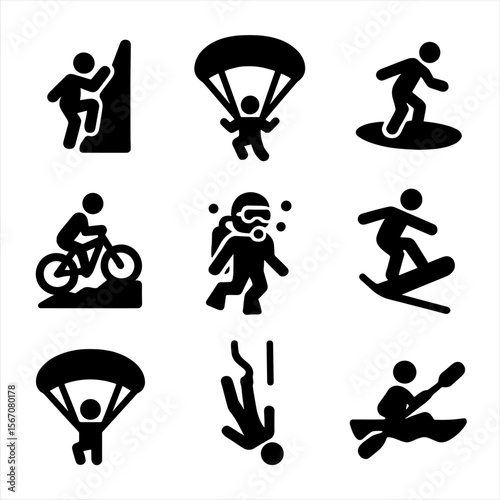 Extreme Sports Icons. Solid, filled icon set of extreme sports: rock climbing, skydiving, surfing, mountain biking, scuba diving,