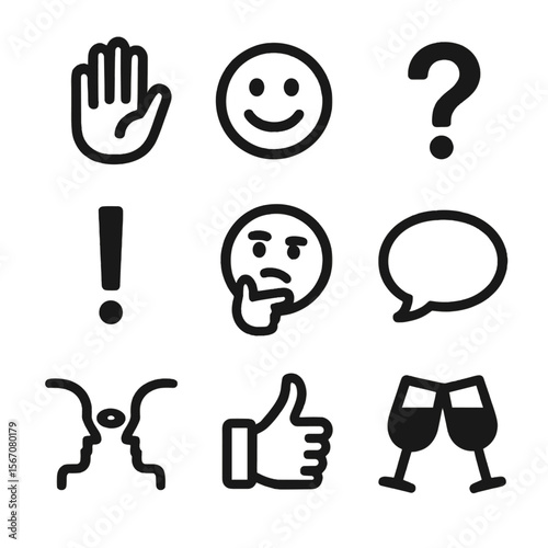 Expressive Communication Icons. Solid, filled icon set of Expressive communication during dinner: hand gesture, smiley face,
