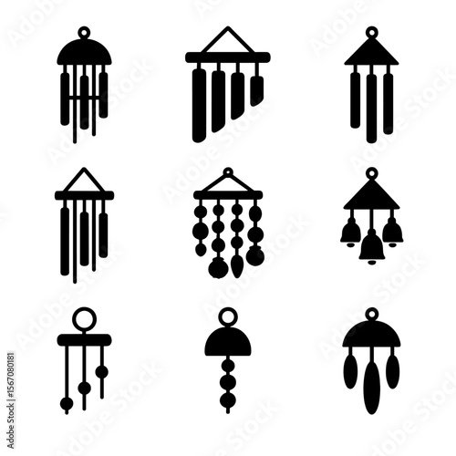 Wind Chime Icons. Solid, filled icon set of wind chime designs: metal tubes, bamboo chimes, glass tubes, wooden rods, seashells,