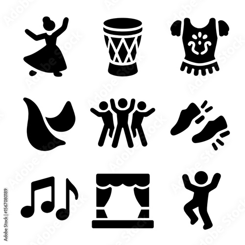 Cultural Dance Icons. Solid, filled icons set of cultural dance performances: folk dancer, traditional drum,