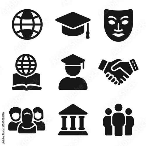 Cultural Exchange Icons. Solid, filled icons set of educational exchange and cultural sharing: globe icon,