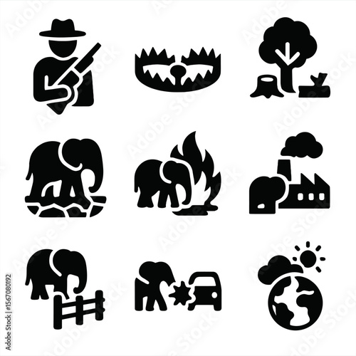 Elephant Threats Icons. Solid, filled icon set of elephant threats: poacher, traps, deforestation, drought, fire, pollution, fence