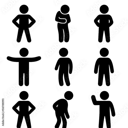 Expressive Pose Icons. Solid, filled icon set of expressive figure posture: confident stance, shy pose, arms crossed, arms open,