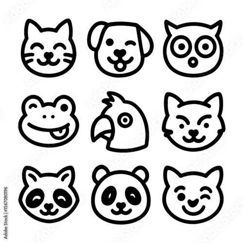 Funny Animal Faces. Solid, filled icon set of funny faces animals: smiling cat, winking dog, laughing monkey, surprised owl, goofy