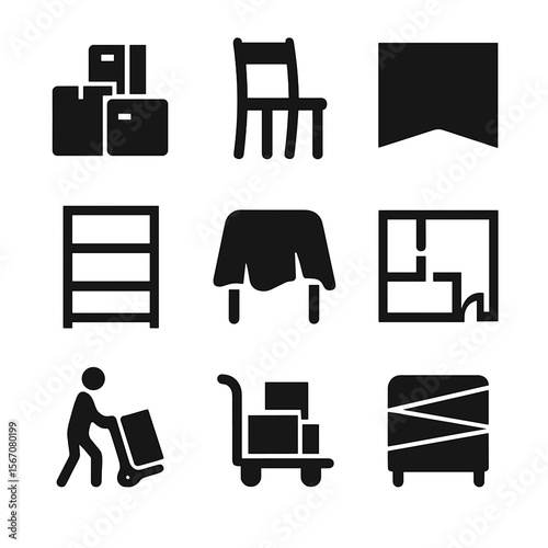 Furniture Relocation Icons. Solid, filled icon set of furniture relocation for painting: stacked boxes, moved chair, cleared space