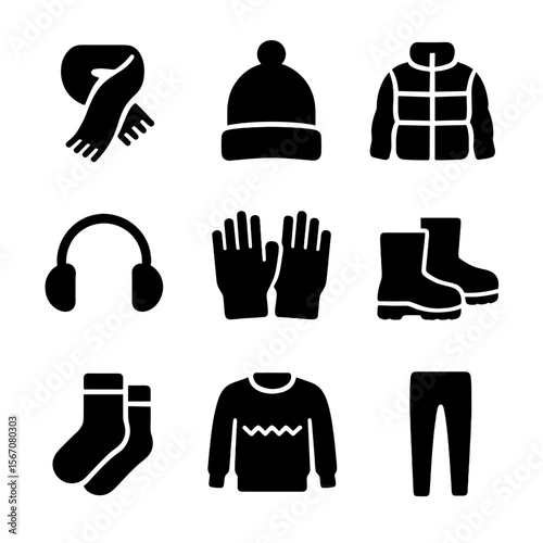 Winter Fashion Icons. Solid, filled icon set of winter fashion essentials: wool scarf, beanie hat, puffer jacket, earmuffs, winter