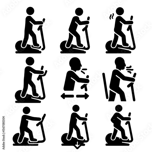 Elliptical Machine Icons. Solid, filled icon set of elliptical machine user postures: upright stance, bent elbows, relaxed