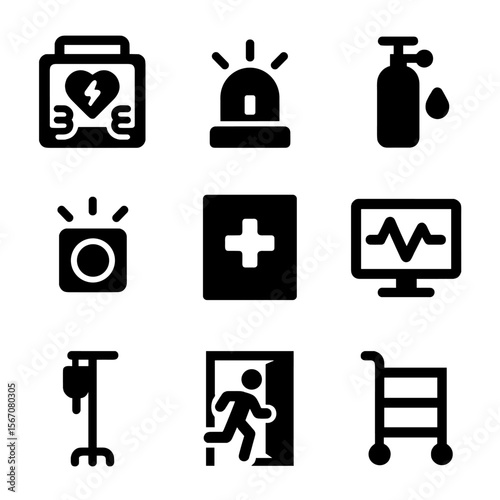 Emergency Equipment Icons. Solid, filled icon set of hospital interior emergency equipment: defibrillator, emergency light, oxygen