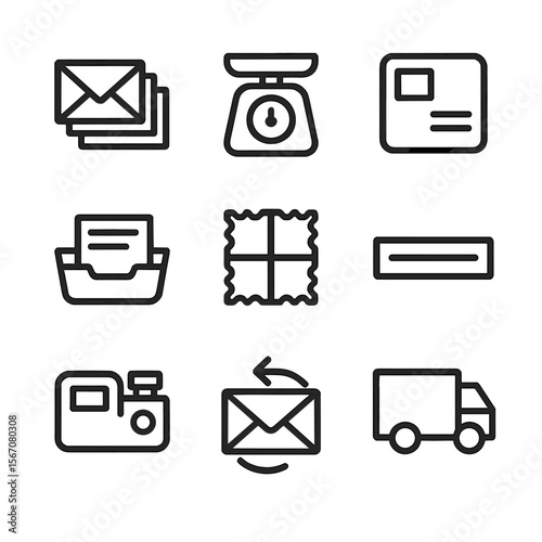 Bulk Mailing Icons Grid. Outline icon set of bulk mailing operations: envelope stack, postage scale, mailing label, sorting tray,