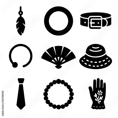 Cultural Fashion Icons. Solid, filled icons set of fashion accessories across cultures: feather earring, jade