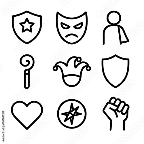 Role-Playing Archetype Icons. Outline icon set of role-playing archetypes: hero emblem, villain mask, sidekick figure, mentor