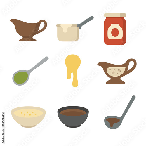 Rich Sauce Icon Set. Flat icon set of rich sauces and gravies: brown gravy boat, béchamel sauce pan, marinara jar, pesto spoon,