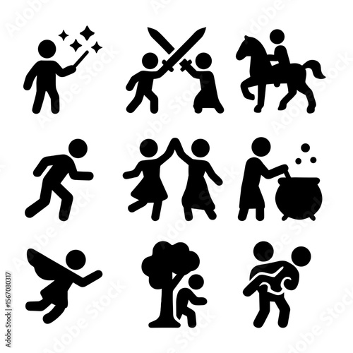 Fairy-Tale Action Icons. Solid, filled icon set of fairy-tale actions: casting spell, sword fight, riding horse, sneaking, dancing