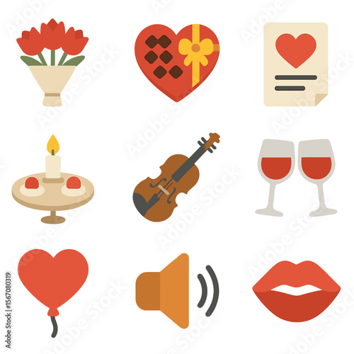 Romantic Gestures Icons. Flat icon set of romantic gestures: bouquet, chocolate box, handwritten note, candlelight dinner, violin,