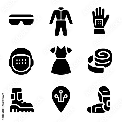 Futuristic Fashion Icons. Solid, filled icon set of futuristic fashion: visor glasses, metallic jumpsuit, digital glove, cyber