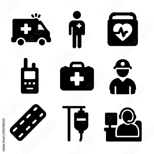 Emergency Icons Collection. Solid, filled icon set of emergency medical services deployment: ambulance, paramedic, defibrillator,